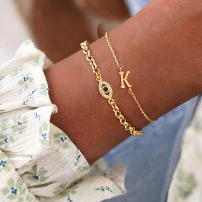 Set de 2 piezas Nuevos brazaletes de cadena dorada de acero inoxidable con inicial clásica para mujeres