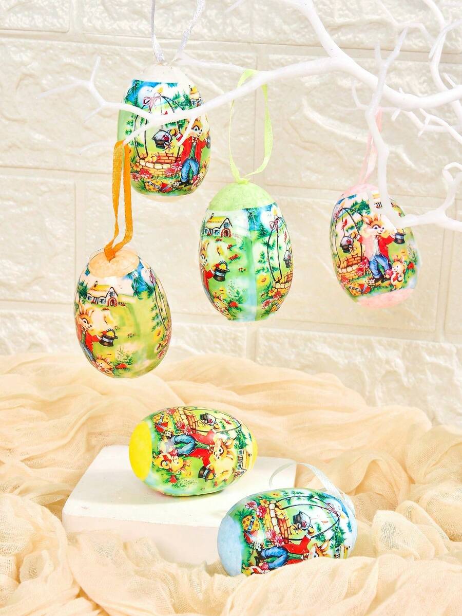 随机6/12个复活节彩色悬挂装饰彩蛋 | 兔子图案树挂饰，椭圆形复活节彩蛋装饰，适合复活节篮子、树装饰和派对 - 彩色 - 查看 1