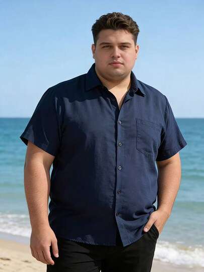 男士加大码短袖衬衫，户外休闲宽松经典纯色沙滩度假翻领单口袋短袖衬衫上衣