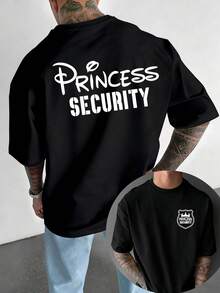 Men's Pure Cotton Short Sleeved T-Shirt, PRINCESS SecurITY Double-Sided Printed T-Shirt, Humorous Internet Meme And Interesting Design, Loose Fit Round Neck Breathable T-Shirt, Suitable For Summer, Outdoor Travel, Beach And Daily Leisure, Suitable For Daily Wear As Couple's Clothing, Family And Friends' Clothing - 黑色 - 查看 1