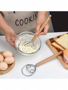 Stainless Steel Danish Dough Mixer With Wooden Handle, Multifunctional Manual Mixer Suitable For Bread, Pastry And Cake Baking, Kitchen Tool - Multicolor - View 1