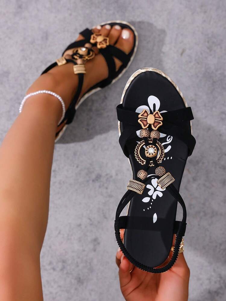 女士夏季新款波西米亚风串珠坡跟厚底凉鞋 - 黑色 - 查看 1