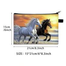 Black & White Horse Pattern Filled Bag, White Horse Animal Lover Style, Fashionable And Casual, Large Capacity, Portable Zipper Polyester Cosmetic Bag, Office Storage Bag, Running Horse Pattern Travel And Holiday Essential Cosmetic Bag, Suitable For Travel, Daily Use - Multicolor - View 7