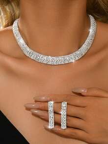 Conjunto de joyas elegante para mujer, joyas de boda, dama de honor y fiesta, aretes y collar con circonita cúbica y cristal, regalo - Plateado - Ver 1