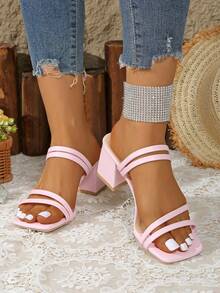 女士优雅时尚搭扣交叉绑带办公室派对纯色沙滩高跟防滑沙滩凉鞋 - 粉色 - 查看 4