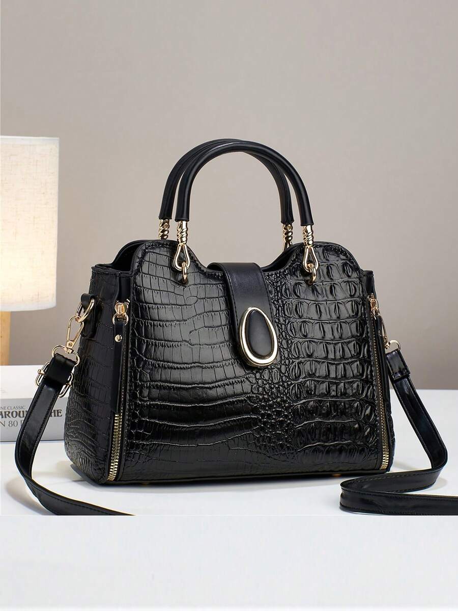 Túi xách nữ thời trang mới, kiểu dáng patchwork, đa năng, thanh lịch, cổ điển, cao cấp, có thể đeo vai hoặc đeo chéo, dung tích lớn. - màu đen - Xem 1