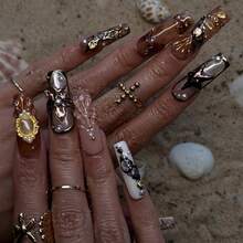 NailLuxe 10 PCS Handmade Square Press-On Nails | Nude Pink-Brown Marine Element Retro Style With Nude & Brown Bases, Shell & Starfish Embellishments - Màu nâu  Mocha - Xem 3