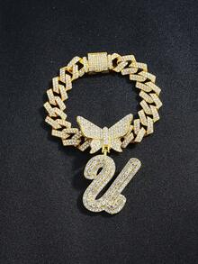 2pcs Women's Silver Necklace Set - A-Z Rhinestone Butterfly Letter Pendant Necklace & Bracelet, Diamond-Shaped Cuban Chain, Cursive Letter Jewelry - Fashion Ice Crystal Butterfly - View 19