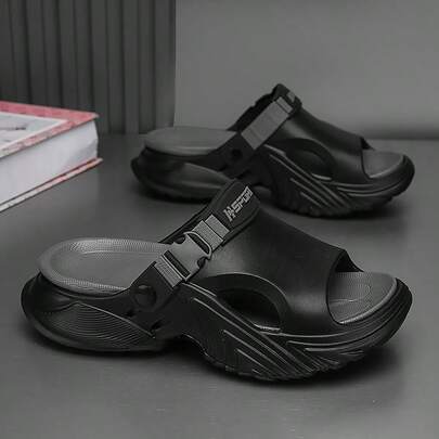 男士时尚新款夏季纯色基础款沙滩运动户外TPR（热塑性橡胶）搭扣情侣厚底软底室内可拆卸防滑防臭凉鞋