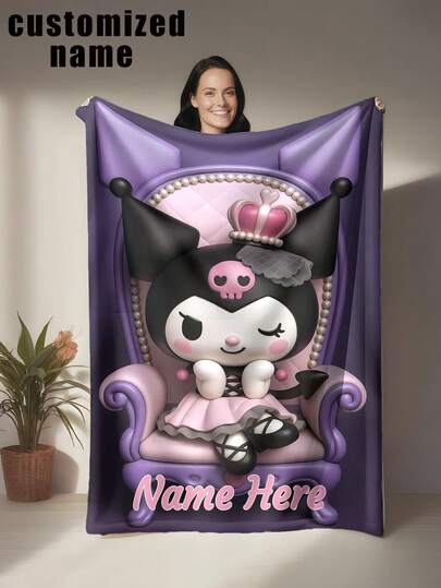 Sanrio 1 pieza Manta personalizada con tema de Kuromi, se puede personalizar con nombre, impresa con patrón de dibujos animados de Kuromi, estilo lindo y acogedor - Suave y cómoda, lavable a máquina, tela de poliéster impresa digitalmente, adecuada para sofá, cama, viaje, camping, sala de estar, oficina, asiento - Regalo ideal para familiares y amigos