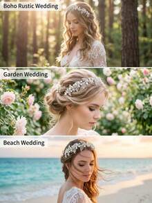 1PC Silver Pearl & Rhinestone Leaf Headband, Boho Bridal Hair Vine With End Loops For Wedding & Party - Silver - View 4