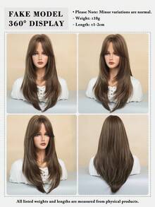 7JHH WIGS Elegant 24-Inch Long Brown Layered Wig With Curtain Bangs For Women Daily Wear, Natural Synthetic Heat Resistant Fiber Hair, Middle Part Loose Wave Golden Highlight Wigs For Mather's Day Gift Wig Accessories - 亞麻棕 - 查看 6