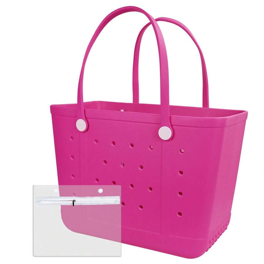 [Rubber Beach Bag] Extra Large Rubber Beach Bag Tote Bag | For Women Large Sandproof Travel Tote Bags For Beach Outdoor Sports - 玫瑰紅 - 查看 1