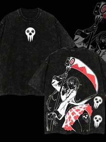 Camiseta de Hombre 100% Algodón Anime Doble Impresión Retro Lavada, Camiseta Unisex de Ajuste Holgado de Algodón Puro, Especialmente Diseñada para Fans de Anime, Cuello Redondo de Manga Corta, Ropa de Verano para Hombres, Regalo para Amigos, Entrega Local - Negro - Ver 2