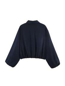 女士藏蓝色拉链口袋夹克 - 休闲宽松翻领春秋季外套 - 藏蓝色 - 查看 4