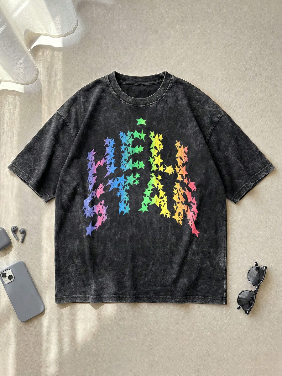 Hell Star Rainbow Star Logo Graphic Tee Acid Washed Cotton Shirt Unisex Couple Matching Summer Outfits Colorful Star Pattern Gradient Print Y2K Streetwear Aesthetic Distressed Graphic Tees Men Oversized T Shirt Camisetas Para Hombre - 黑色 - 查看 1