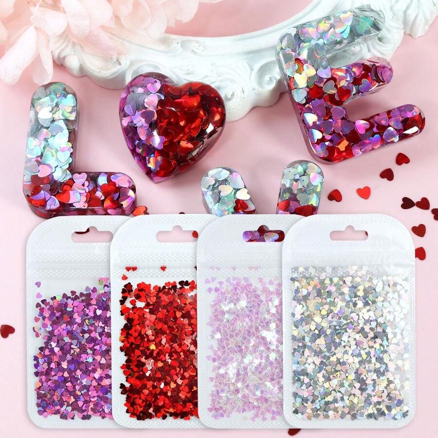 4袋/套 4包x2克 全息红色心形闪光树脂亮片填充物，模具填充材料，DIY工艺品，情人节工艺品，珠宝铸造用品 - 彩色 - 查看 1