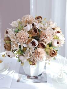 1束人造丝玫瑰花，乡村风格仿真花束，适用于婚礼、派对、家居装饰、情人节礼物 - 咖啡棕 - 查看 2