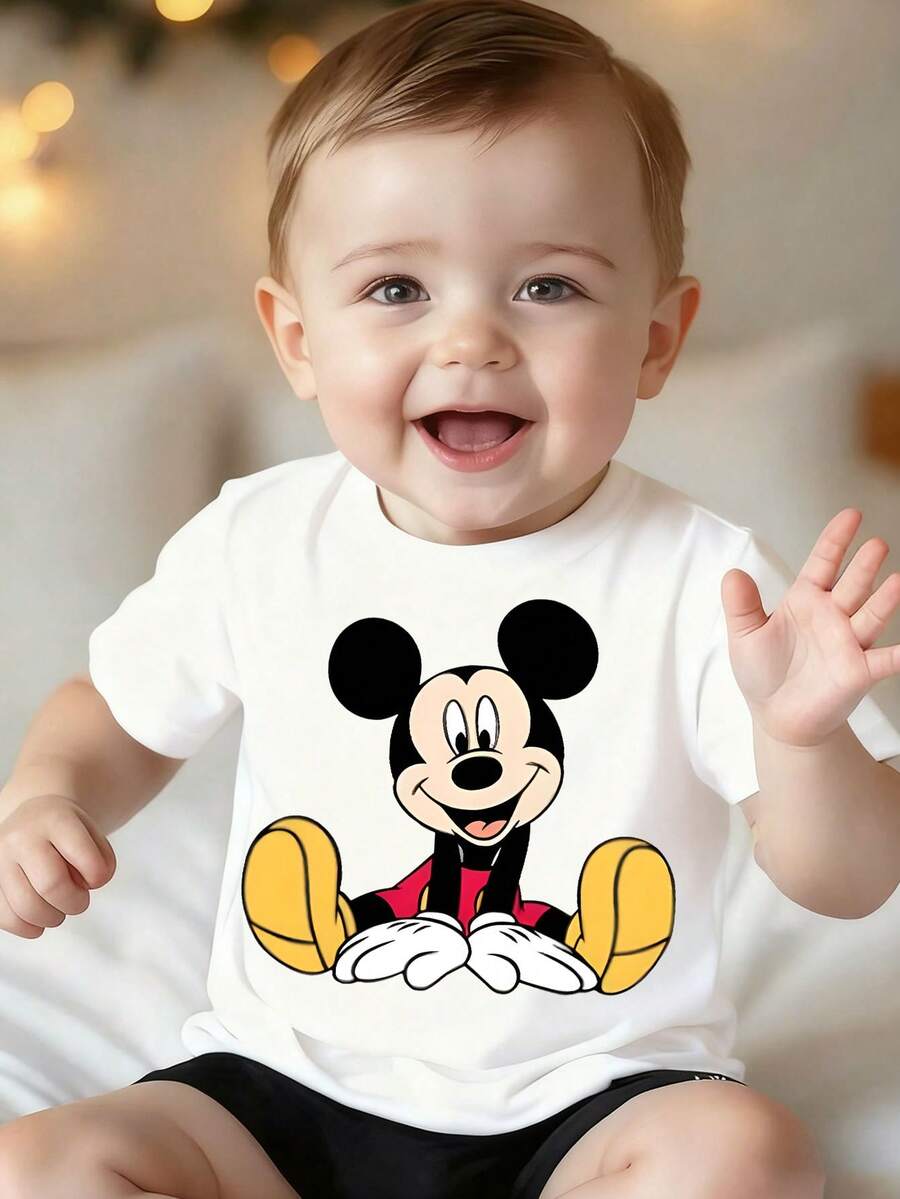 Disney White Background Mickey Mouse Happy Sitting Pose Classic Print Kids' Short Sleeve T-Shirt - Adorable And Playful Casual Top - White - View 1