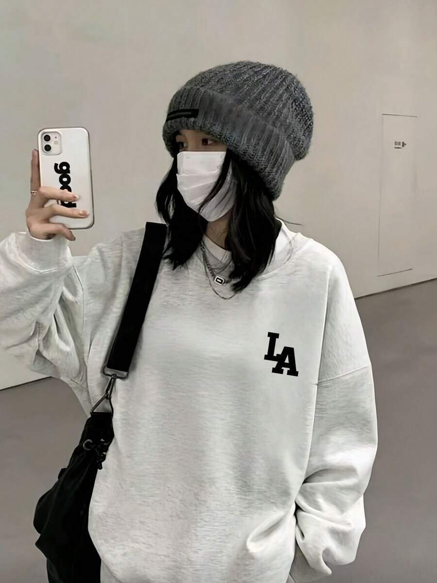 Made In Japan, 320g Casual, Lazy Style Women's Fall And Winter Fashion Loose Round Neck Long Sleeve Sweatshirt, Pattern Print, Soft Fabric, Unisex One-Piece Wearable Fun Pullover Top - Màu Xám nhạt - Xem 1