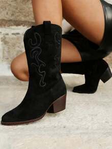 #NewWesternStyleAnkleBoots #WinterWarmBoots #OutdoorWear #VintageBoots Women's Cowboy Western Boots, Round Toe Design, Embroidery Details, Thick Heel, Pull-On Style, Women's Cowboy Boots, Fall Women's Wear, Party, Halloween, Festival, Mid-Calf Brown Boots - 黑色 - 查看 3