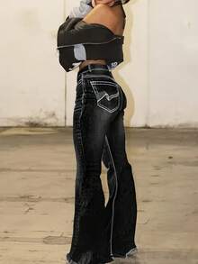 Women's Large-Size Black Micro-Flared Jeans: Slim Fit, With Geometric Pattern Embroidery On The Back Pocket And Frayed Hem At The Bottom. This Retro-Style, Elegant And Mature Style Is Suitable For All Seasons And Is A Women's Large-Size Denim Item. - 黑色 - 查看 9