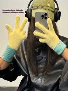 1 par de guantes de mujer de invierno acolchados de terciopelo con parches, guantes casuales de punto para pantalla táctil de estilo coreano para hombres, adecuados para actividades diarias, deportes, montar en bicicleta, fiestas, correr, pasear perros, festivales, se pueden regalar en el Día de San Valentín, temporada de regreso a clases - Multicolor - Ver 8