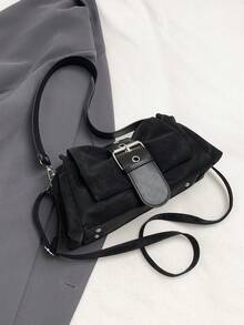 New Vintage Fashion Square Bag, Metal Hardware & Belt Decor, Flap Opening Shoulder Bag. Adjustable Long Shoulder Strap, Small Capacity Lightweight Minimalist, Solid Color Soft Crossbody Bag. Suitable For Women's Daily Life, Casual, Commuting, Work, Vacation And Student Use - Black - View 4