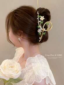 1pc Elegant Faux Cat Eye Stone Flower Hair Clip, Large Hair Claw Clip Barrette, Sophisticated Alloy Hair Accessory, Spring/Summer - Multicolor - View 3