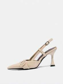 French Style Closed Toe New Elegant Solid Color Low Vamp Chunky Heel Sandals For Women - Apricot - View 4