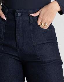 Calça Jeans Feminina Wide Leg Cintura Alta Sawary Original Escura Lycra Elastano Bolsos Confortável - Azul Marinho - Visão 4