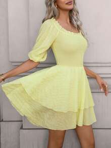 Solid Color Elegant Sexy Cute Pleated Ruffle/Frill Off Shoulder Puff Sleeve Midi Dress, Suitable For Evening Date, Vacation, Party, Formal Occasion, Spring/Summer - Yellow - View 7