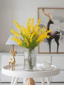 4支人造黄色含羞草花茎，带塑料仿真球茎，仿真复活节黄色花茎，适用于婚礼家居装饰、婚礼、派对、生日、周年纪念、春季家居装饰、复活节、母亲节DIY花束、新娘捧花、婚礼装饰、派对装饰、酒店装饰、桌面装饰 - 黃色 - 查看 3