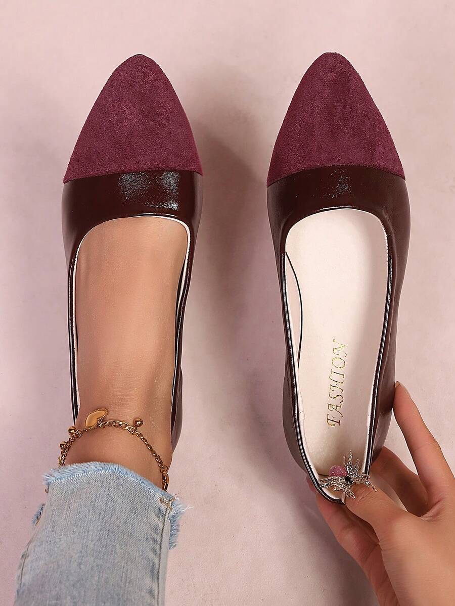 新款女士平底鞋，撞色时尚优雅休闲舒适平底鞋，适合派对、办公室、居家、户外、春夏秋季穿着。 - 酒紅色 - 查看 1