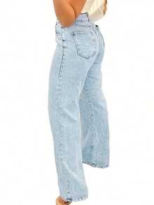 Chicsale Straight Jeans, Diagonal Pocket Loose Style Street Fashion Brand Loose Jeans, Ladies Jeans And Clothing - 淺色水洗藍 - 查看 9