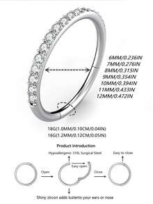 1件316L医用级不锈钢氧化锆鼻环/耳环，16G/18G，可选6mm/8mm/10mm/12mm，低过敏性鼻钉，适用于鼻部、耳软骨、耳廓、耳垂、耳屏等穿孔部位，男女皆宜。是母亲节、情人节、圣诞节和生日的理想礼物，也适合日常佩戴、旅行、音乐节、派对和晚宴等场合作为穿孔饰品。 - 銀色 - 查看 9