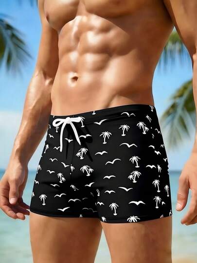 Men's Casual Palm Tree Print Swim Trunks, Fashion Swimming Shorts, Drawstring Surfing Beach Shorts, Suitable For Beach, Pool