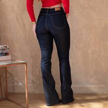 Calça Jeans Feminina Sawary Flare Cintura Média Boca de Sino Elastano Lycra Confortável Escura - Azul petróleo - Visão 15