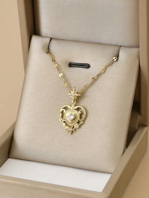 1 pezzo Collana in acciaio inossidabile alla moda con cuore geometrico e strass, collana a forma di stella, gioielli in oro, gioielli da donna, per l'estate, la spiaggia, San Valentino, il carnevale, il compleanno, regalo per l'amante, regalo per l'amico