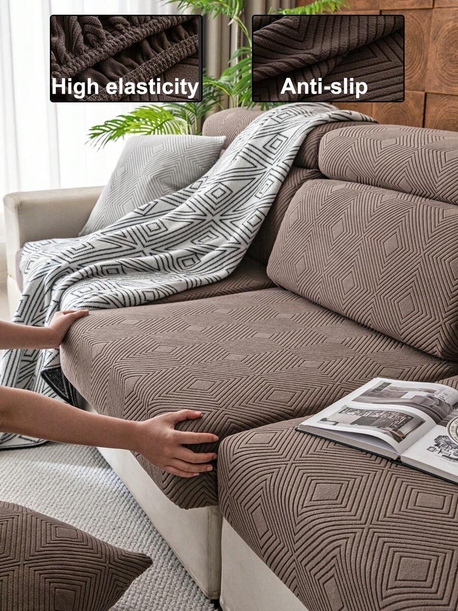 1pc Plush Velvet Stretch Sofa Cover, Solid Color Jacquard Design, Anti-Slip Anti-Dirty Durable Machine Washable, Holiday Decor Home Protection, Fits 1/2/3/4 Seater Sofa, Autumn Decor, Room Decor, Back To School, School Supplies - Brown - View 1
