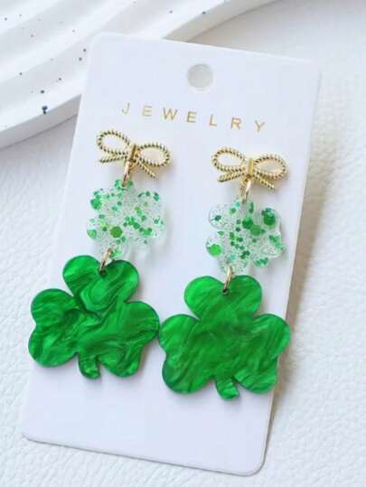1 par de brincos elegantes de trevo de quatro folhas com glitter acrílico, decorados com laço, ganchos de aço inoxidável, acessório perfeito para festas e comemorações do Dia de São Patrício.