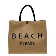 Bolsa de playa con letras, bolso de mano de lona con cremallera de moda para mujer - excelente para ir de compras - Caqui - Ver 1