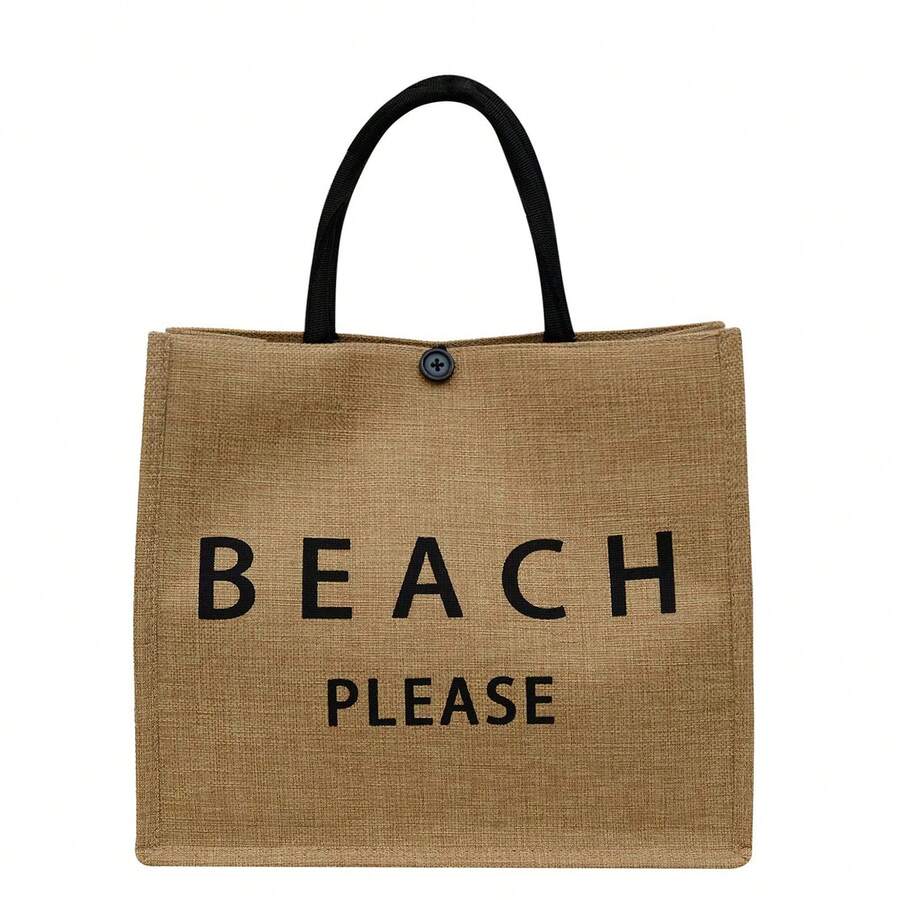Bolsa de playa con letras, bolso de mano de lona con cremallera de moda para mujer - excelente para ir de compras - Caqui - Ver 1