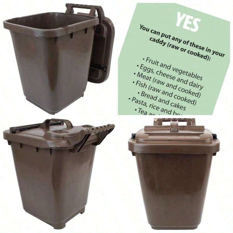 Kerbside Compost Caddy With Locking Lid - Brown - Food Waste Recycling 23 Litre - Plastic Bin With Composting Guide - Brown - View 1
