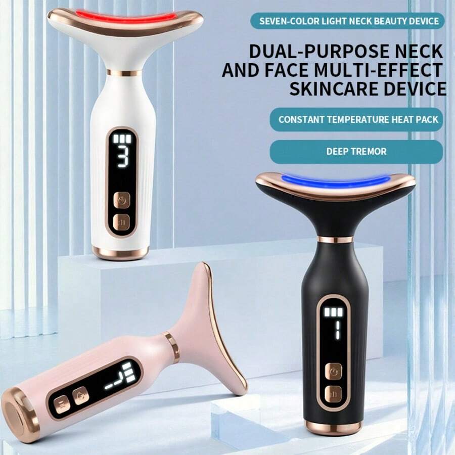 7-In-1 Neck & Face Beauty Device, Constant Temp Hot Compress & Vibration Massager For Wrinkle Removal, Neck Lift & Brightening, 3 Intensities Portable Rechargeable LED Light Therapy Care, Available In White/Black/Pink500mAh - Multicolor - View 1