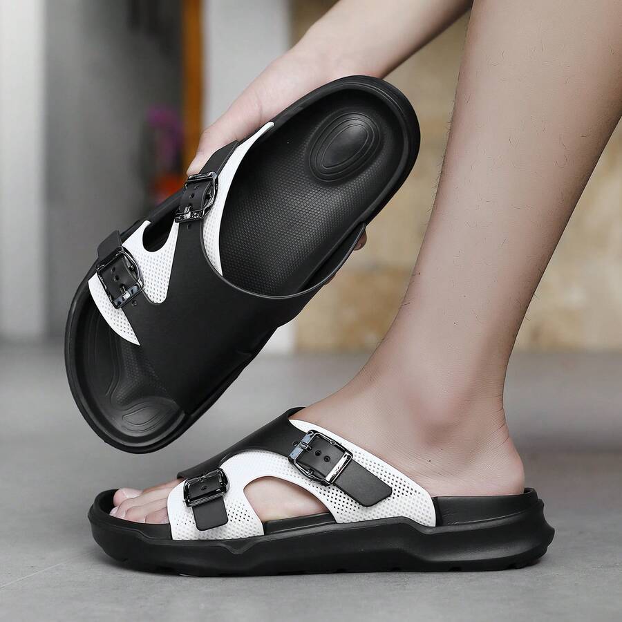 Men's Casual Slippers, Buckle Design Beach Sandals, Versatile Non-Slip Fashion Slides, Suitable For All Seasons - Black and White - View 1