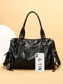 女士复古休闲时尚街头风水洗PU皮手提包，拉链封口，多功能口袋，编织装饰，大容量手提包，可装13英寸笔记本电脑，可调节肩带，可斜挎，适合日常通勤、大学生活、短途旅行，波西米亚风女包，新款时尚大容量女士手提包，女士礼品之选 - 彩色 - 查看 5