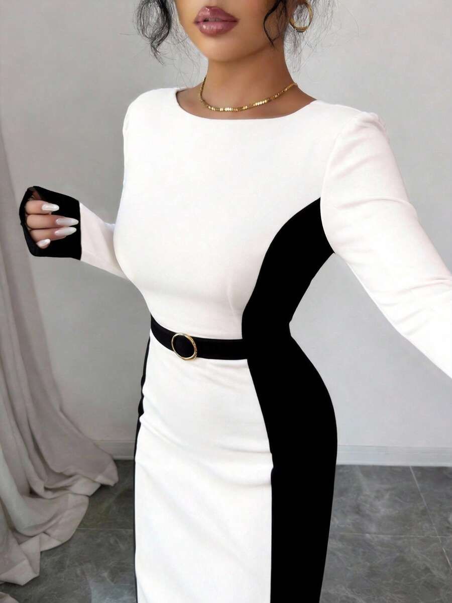 Black & White Splice Long Sleeve Belted Midi Pencil Dress, Slimming & Elegant - Black and White - View 1