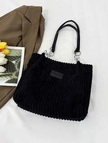 时尚条纹手提包 - 女士大容量单肩包 - 拉链托特包，日常使用 - 金属链条肩带托特包 - 黑色 - 查看 2