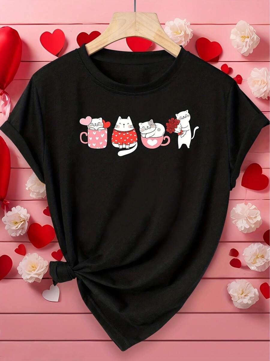 Gifts For Cat Lovers Women Vintage Cat Valentine's Day T-Shirt Soft Breathable Short Sleeve Top With Kitten Heart Print S-XXL Sizes Spring Summer Fall Blouse For Casual Outfits Gifts For Cat Lovers Machine Washable - 黑色 - 查看 1